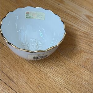 Lenox White Porcelain Scalloped Dish with Gold Trim and Rose Detail